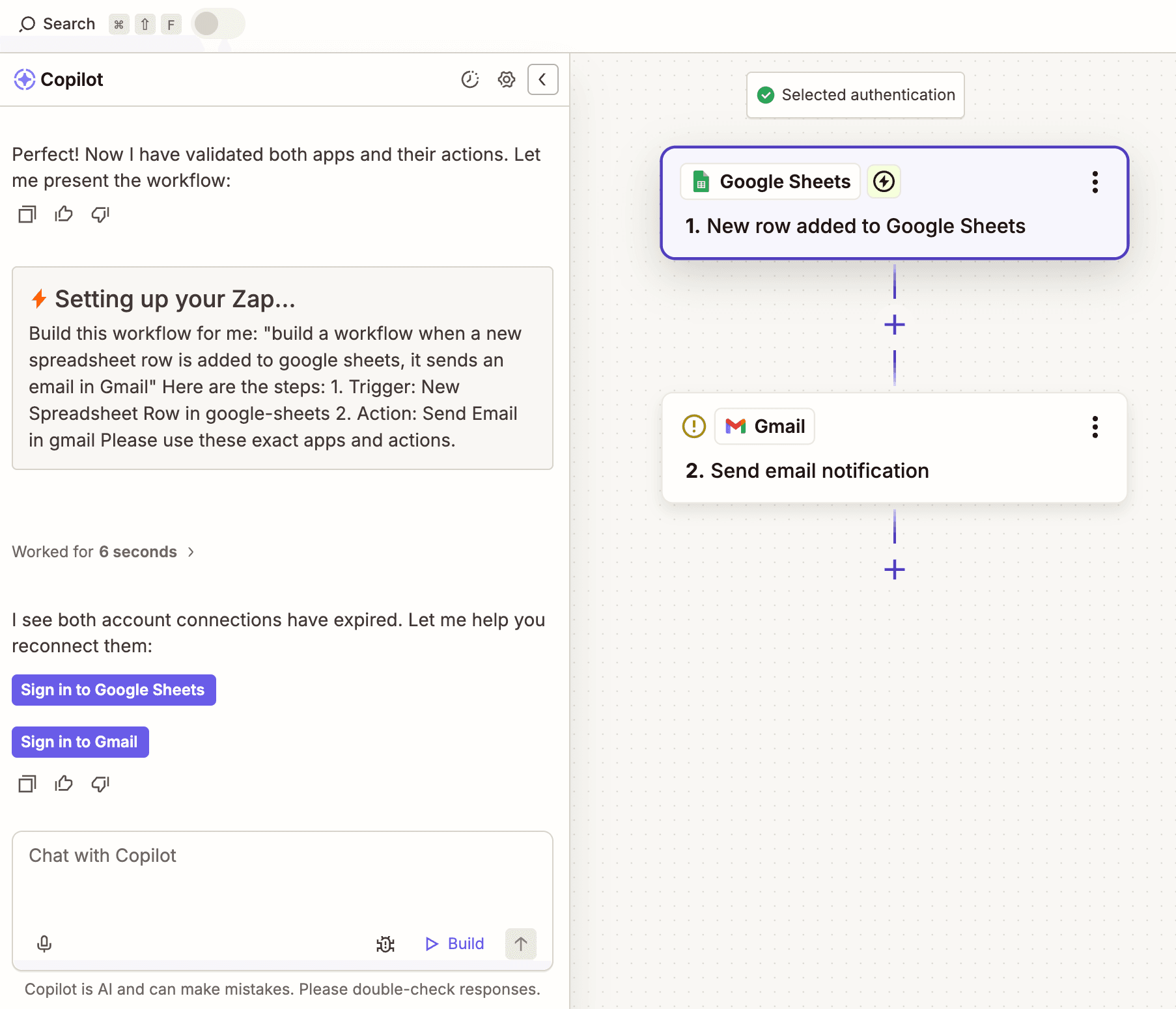 A Zap in the Zapier Editor with Zapier Copilot open on the left-hand side helping the user.