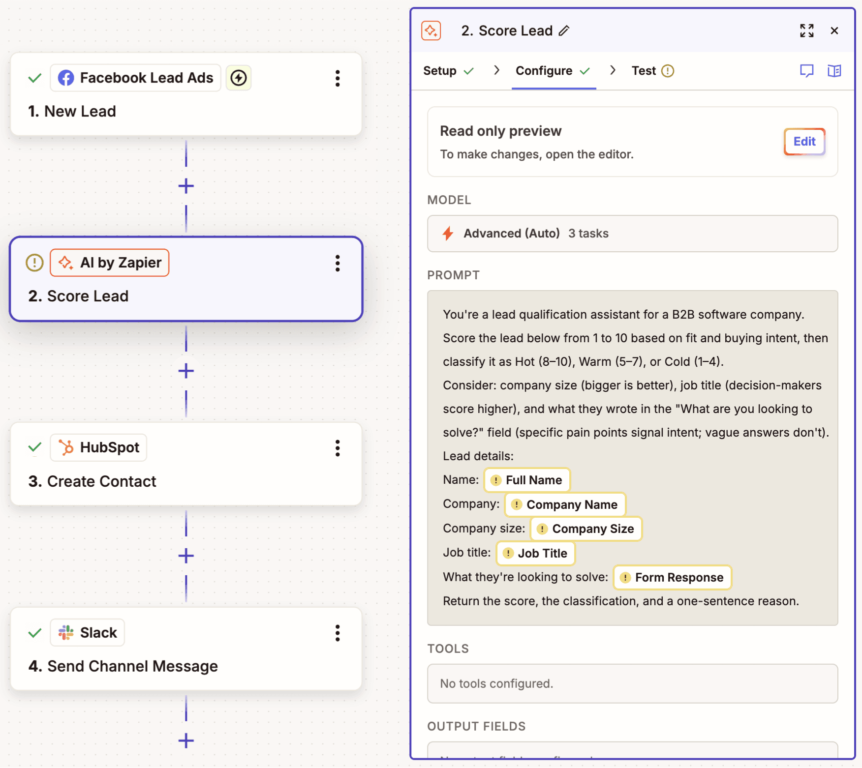A Zap in the Zapier Editor with an AI by Zapier step open.