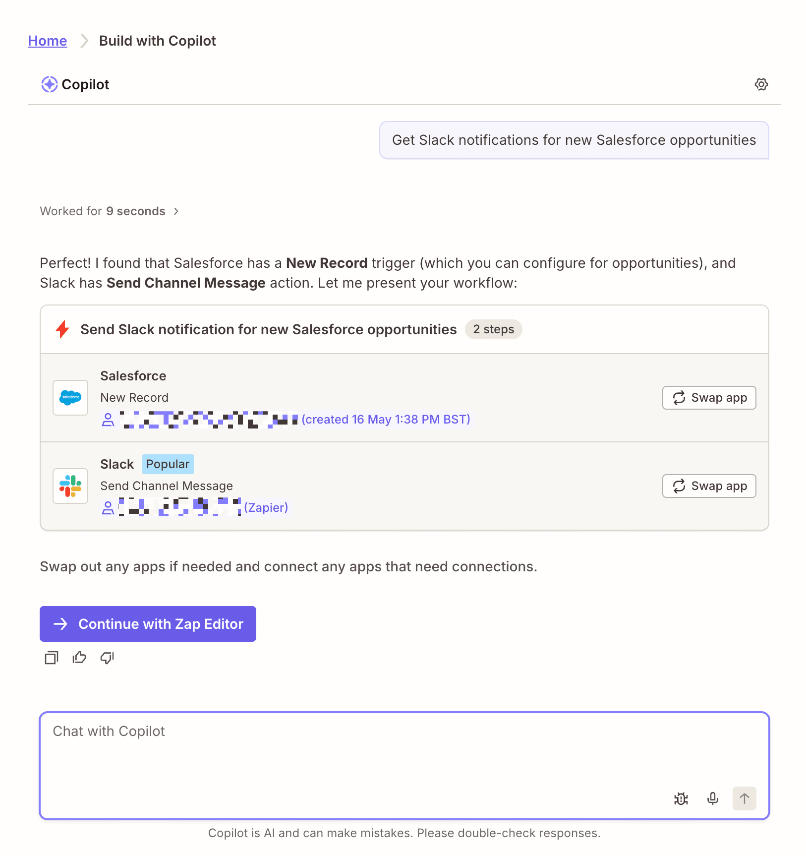 Zapier Copilot's chat-based interface.