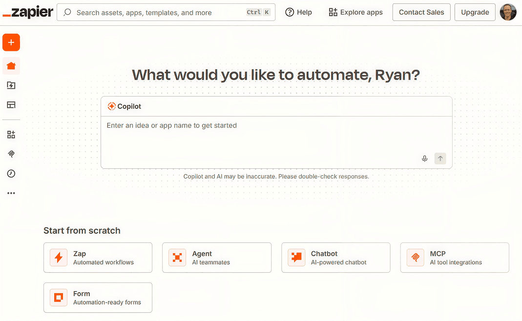 The user dashboard in a Zapier account that shows a copilot module with the text "What would you like to automate today, Ryan?"
