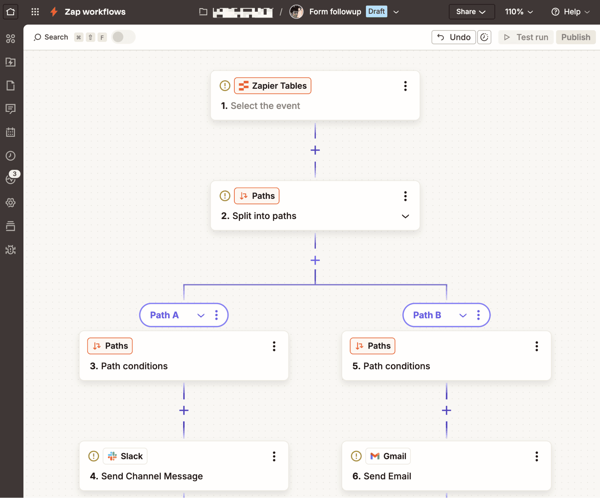 A Zap in the Zapier editor with two paths.