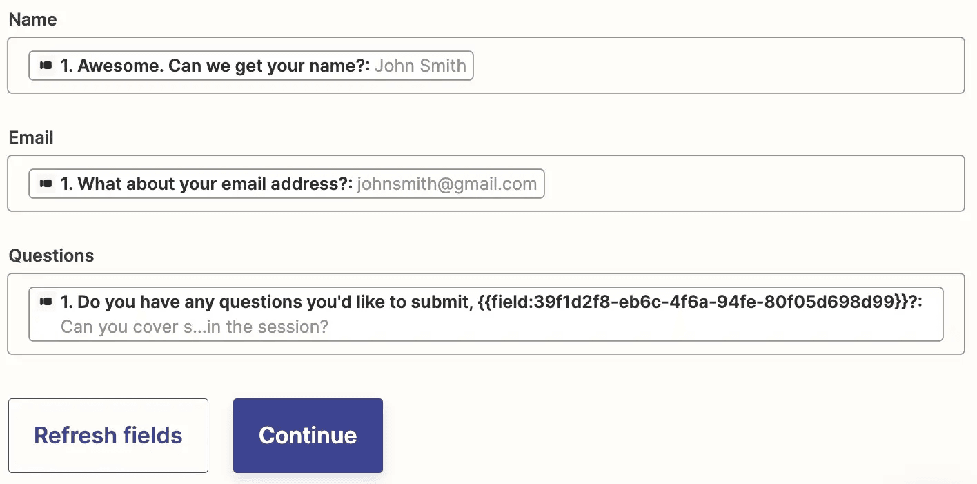 Fields in a Zap in the Zap editor with data mapped from a form response in each field.