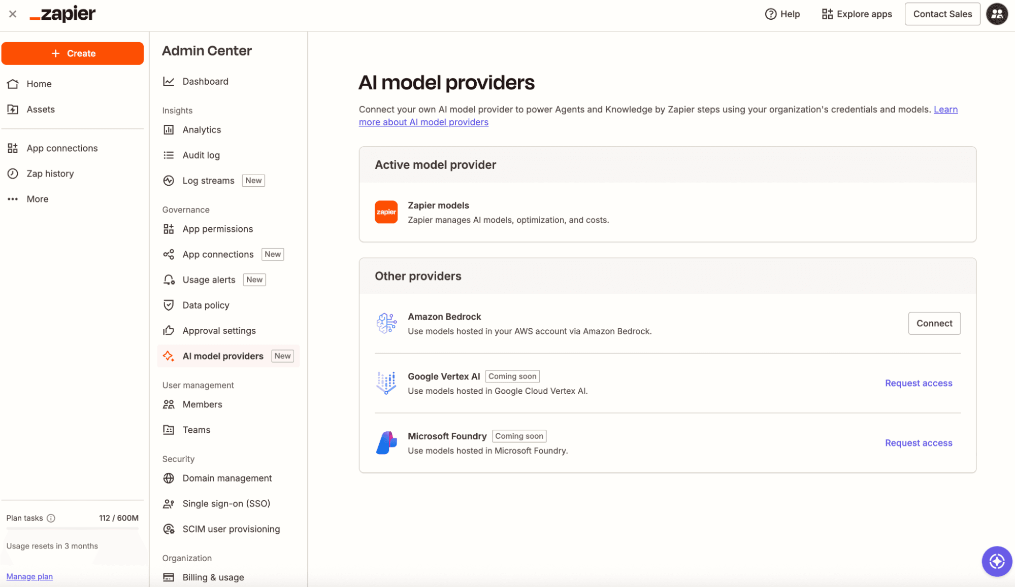 The AL model providers tab in the Admin Center of a Zapier account.