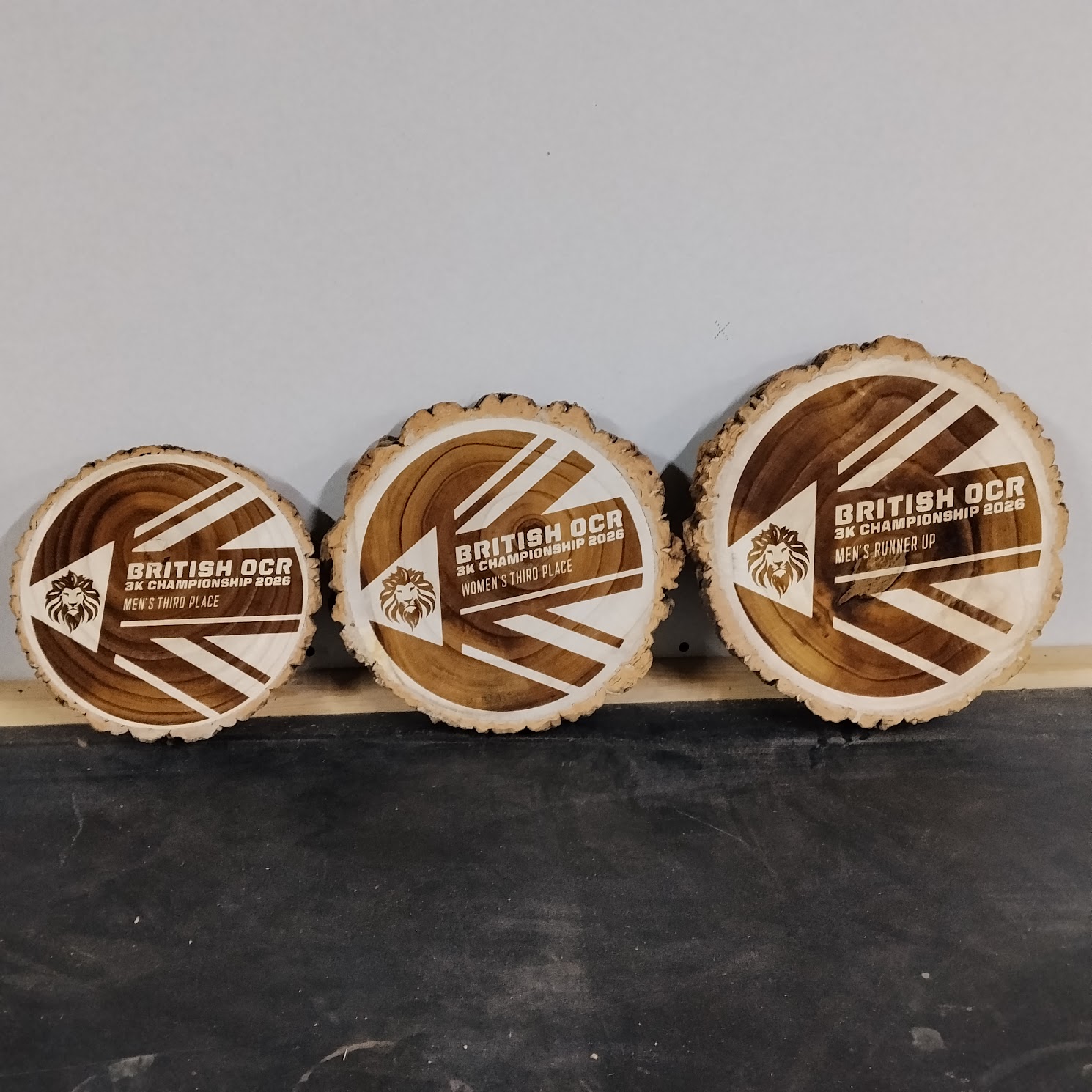 British OCR 3K Championship 2026 maple log slice wooden trophy